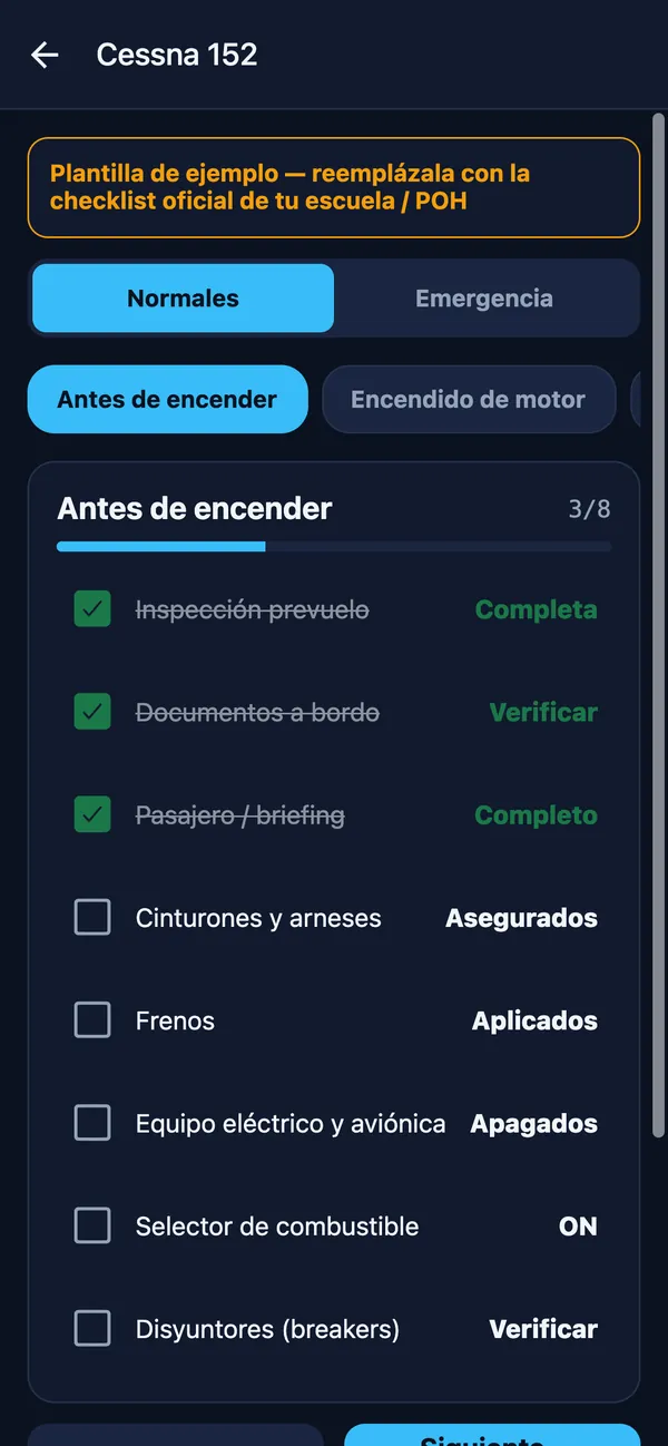 Checklist editable de Cessna 152 con ítems marcados