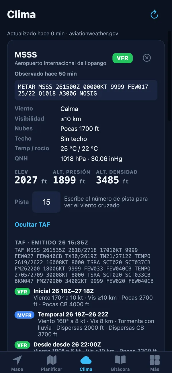 Pestaña Clima: METAR y TAF de MSSS decodificados, altitud densidad y TAF por períodos con categoría