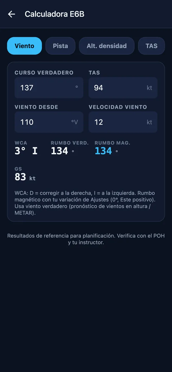 Calculadora E6B: corrección de viento con WCA, rumbo y GS