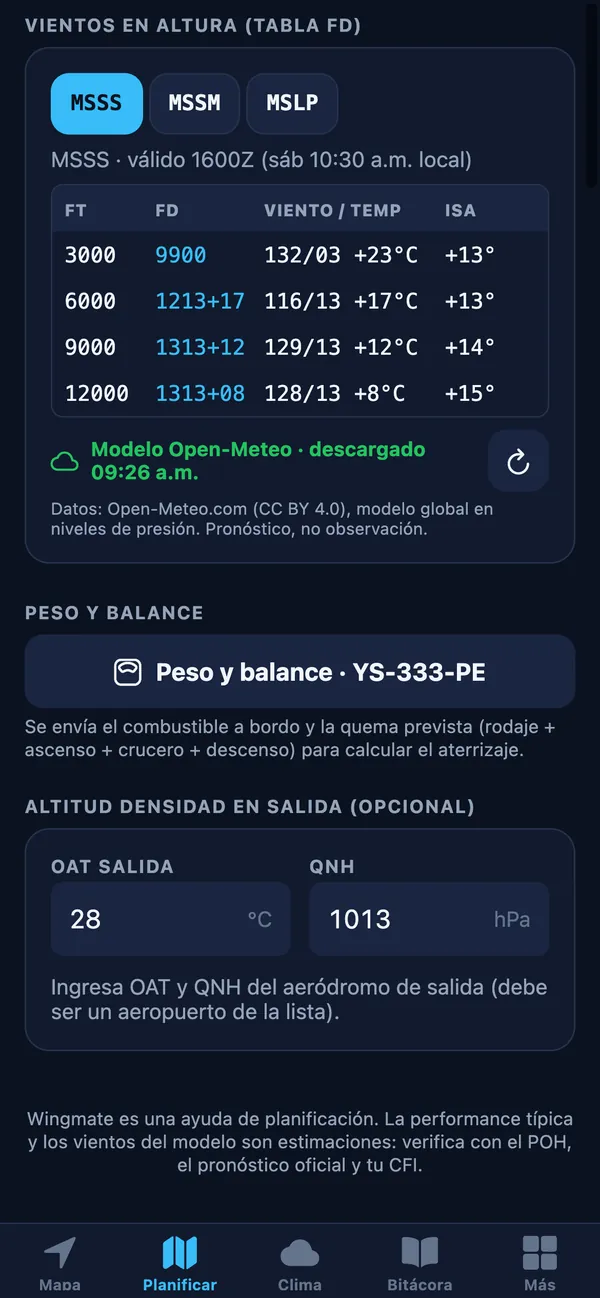 Tabla de vientos en altura tipo FD para MSSS, MSSM y MSLP