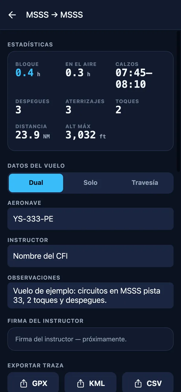 Estadísticas del vuelo (bloque, en el aire, despegues, aterrizajes, toques) y exportación GPX, KML y CSV