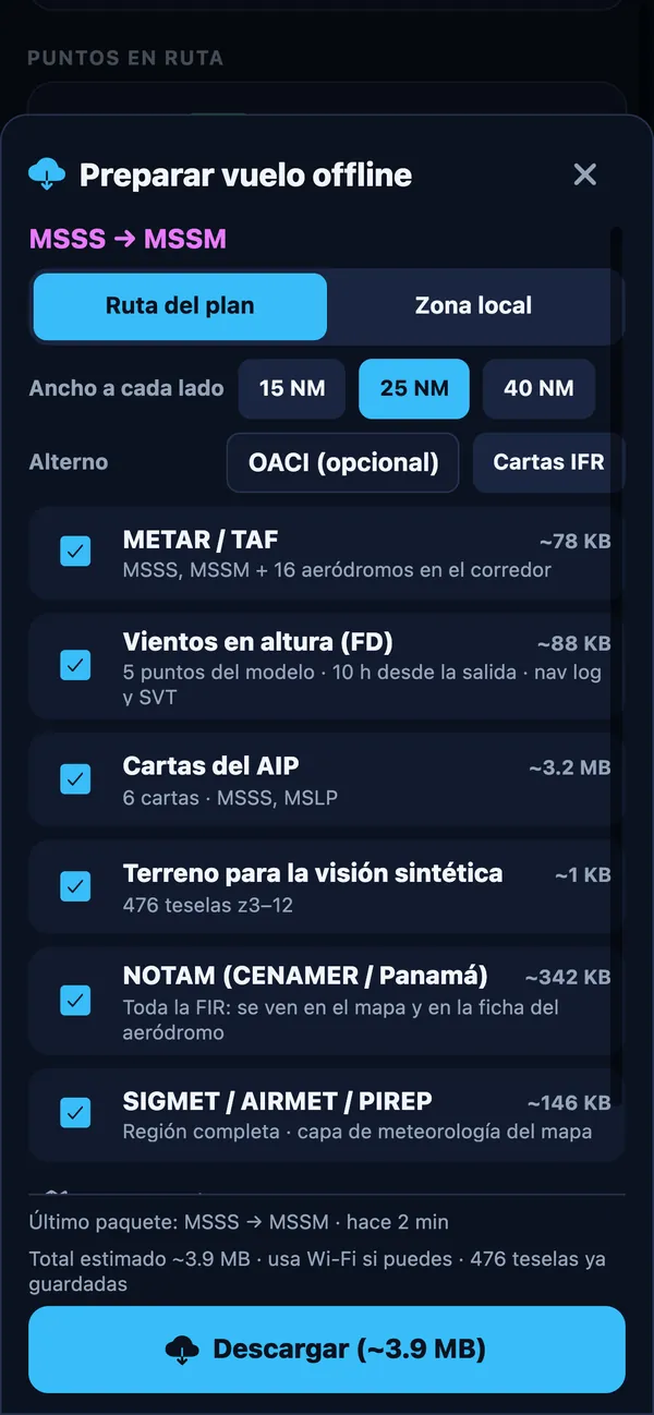 Preparar vuelo offline: METAR/TAF, vientos, cartas, terreno, NOTAM y SIGMET del corredor de la ruta