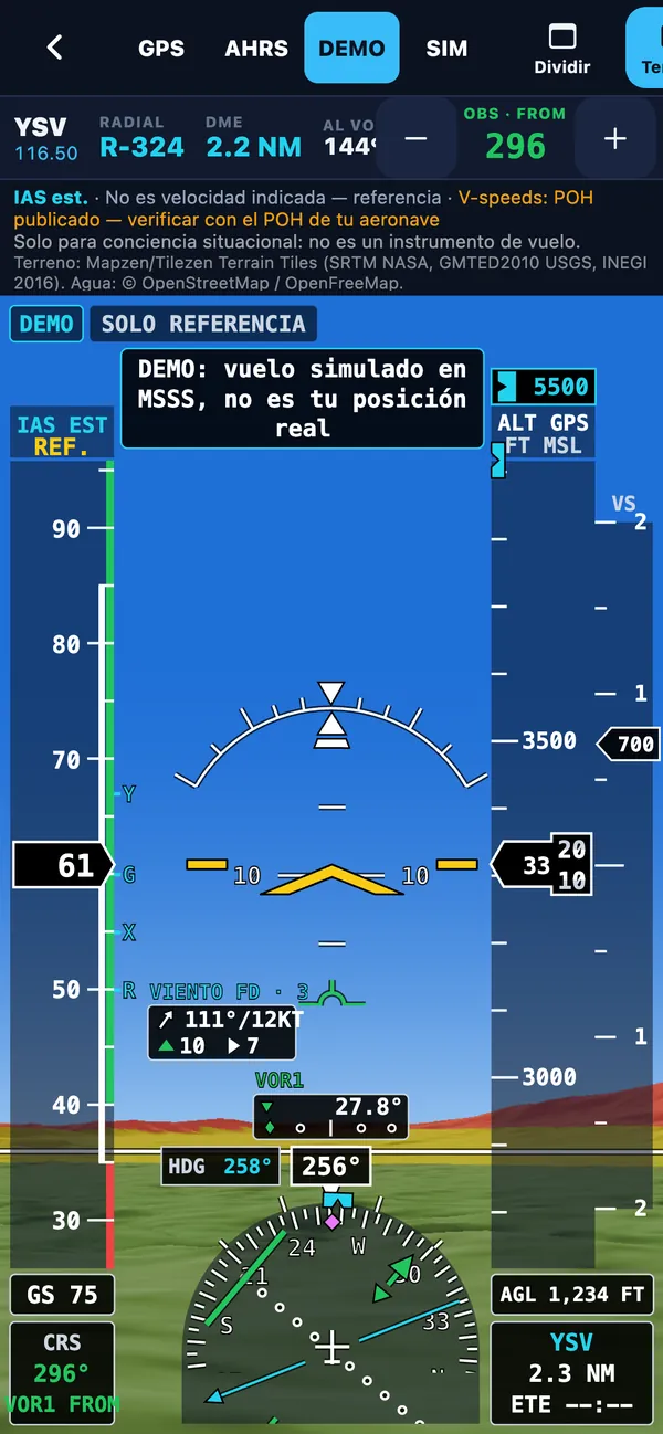 PFD con terreno en iPhone: VOR1, caja de viento FD, HSI y bug de altitud