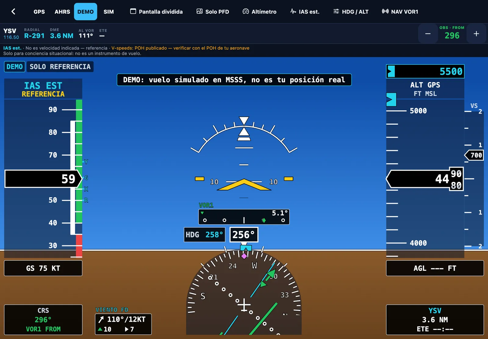 Solo PFD, sin terreno: VOR1 sintonizado, curso OBS, bugs HDG 258° y ALT 5500 y viento FD