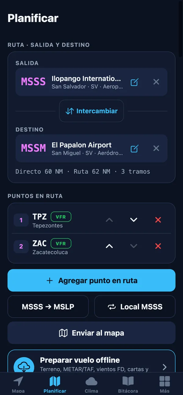 Constructor de ruta: salida MSSS, destino MSSM y puntos VFR TPZ y ZAC
