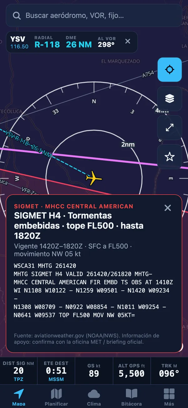 SIGMET de tormentas sobre el mapa, con su texto y vigencia
