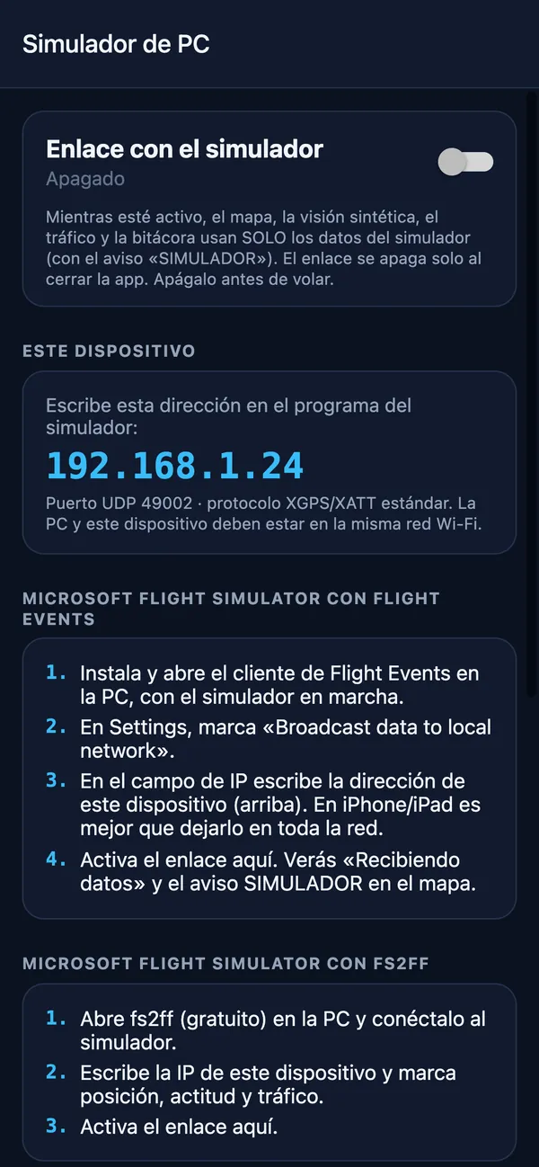 Pantalla Simulador de PC: IP del dispositivo, puerto UDP 49002 y pasos para conectar el simulador