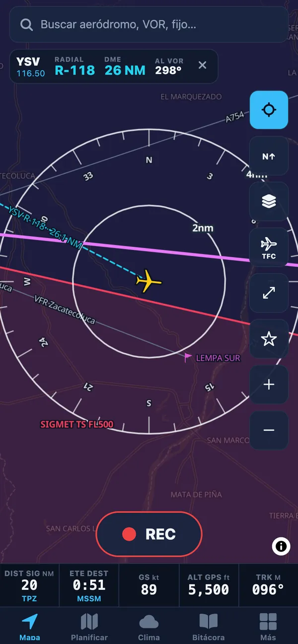 VOR YSV sintonizado en el mapa: radial, DME y rumbo al VOR